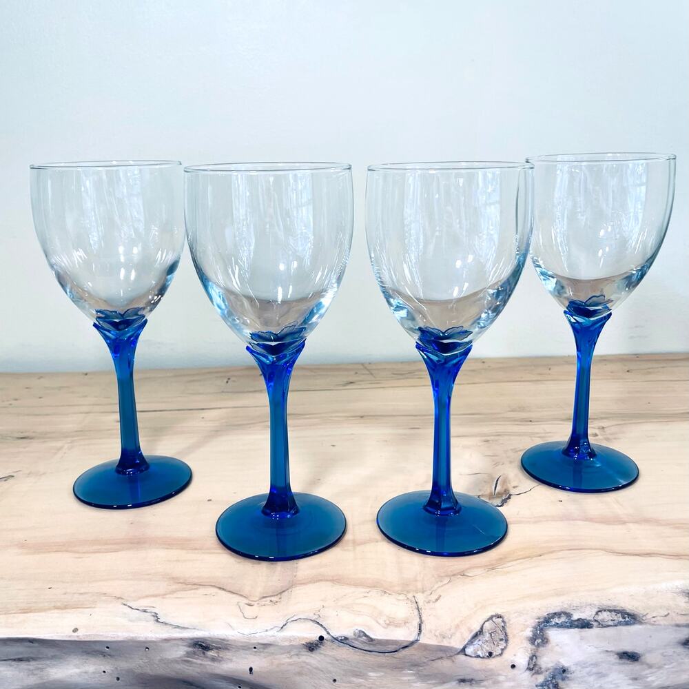 Wine Glasses 4 Vintage Libbey Goblet Domaine Blue Pedal Stem